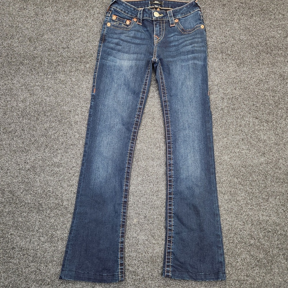 True Religion Womens 26 Becca Bootcut Dark Wash Blue Orange Mid Rise Jeans READ